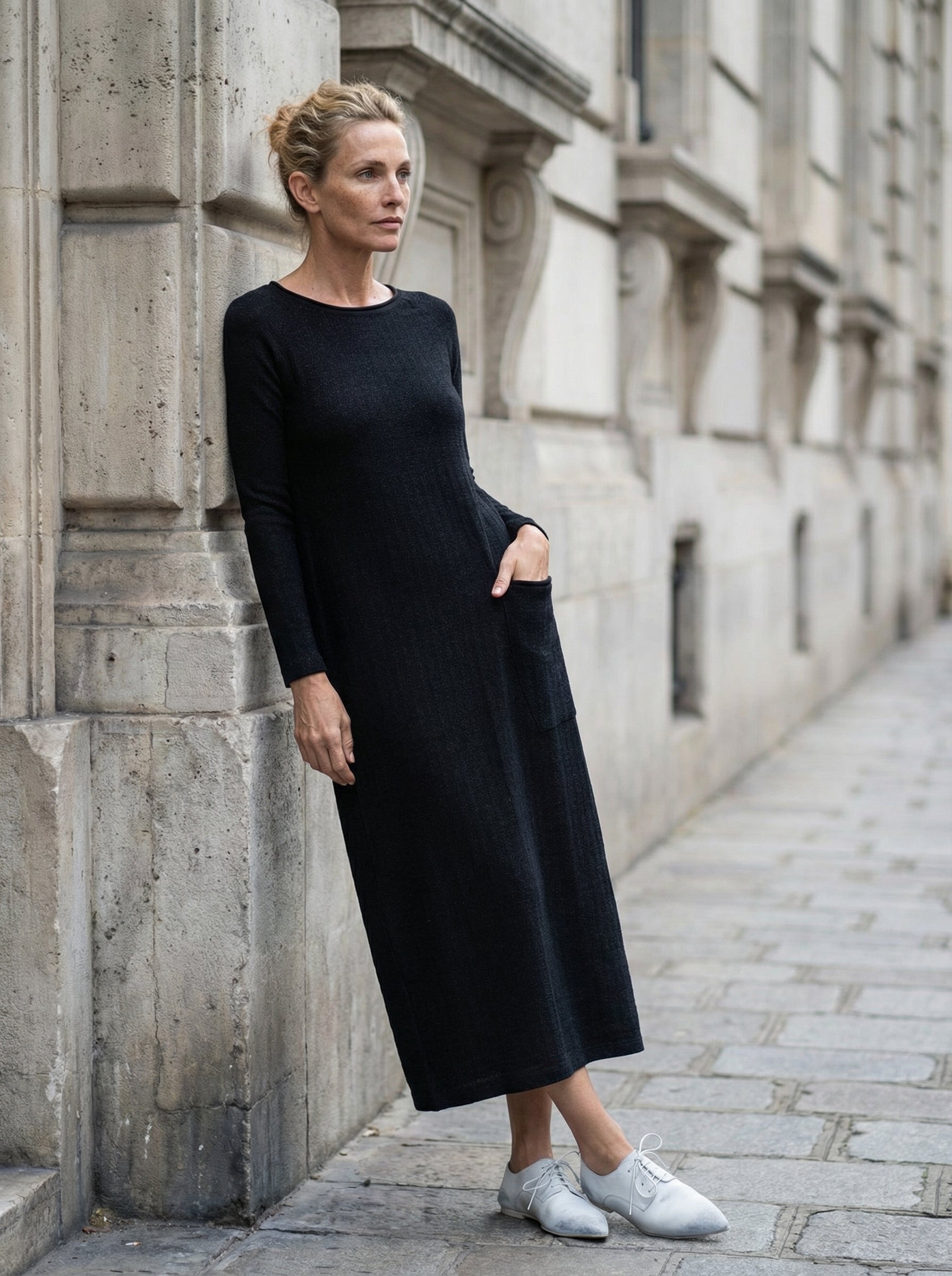 TRANSIT - Micro-Patterned Jacquard Knitted Long Dress - Editorial - Leaning Pose