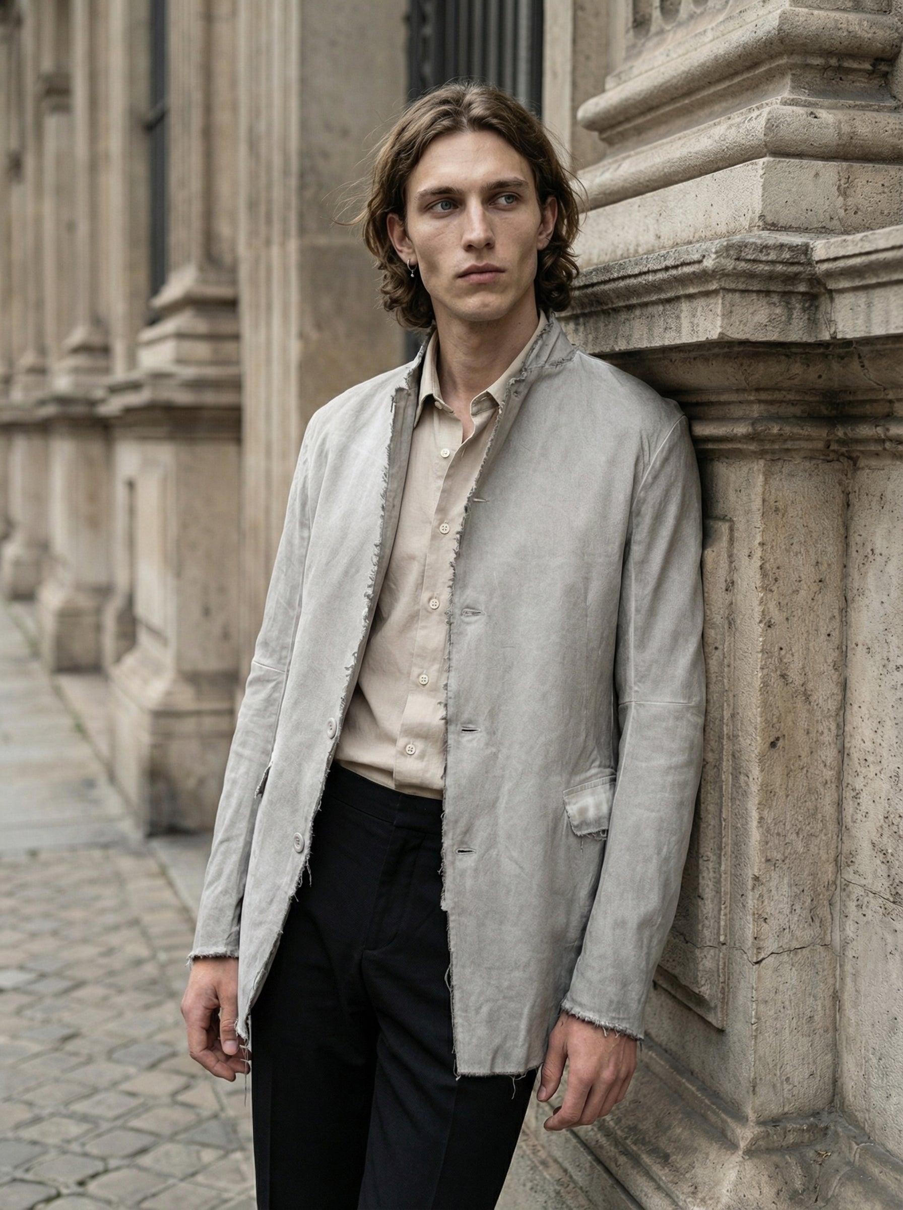 AITO - Frayed Edge Cotton Blazer - Editorial - Leaning Pose