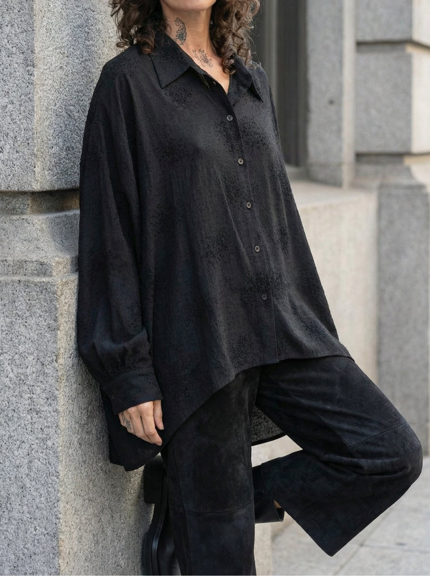 NOSTRA SANTISSIMA - Oversized Textured Shirt - Editorial - Leaning - Tel Aviv Street Style