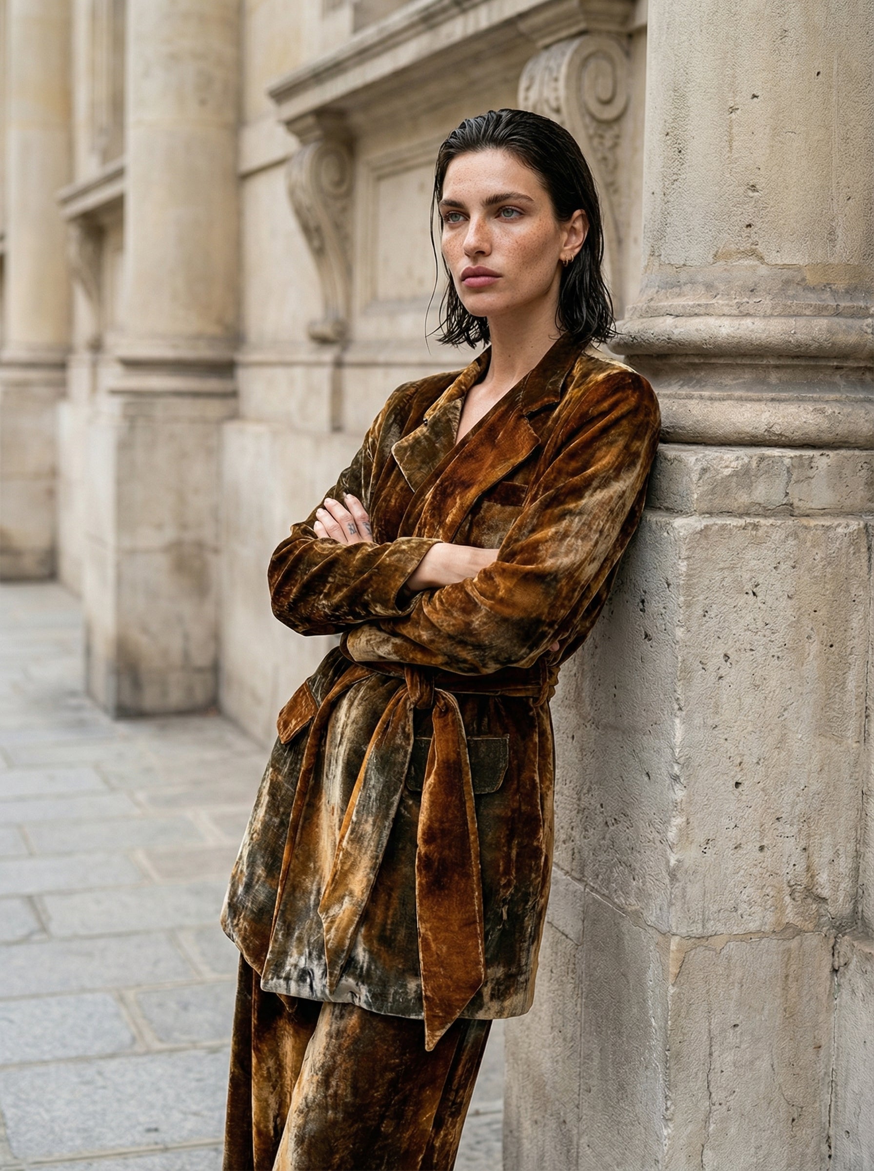 NOSTRA SANTISSIMA - Velvet Wrap Jacket - Editorial - Leaning Pose