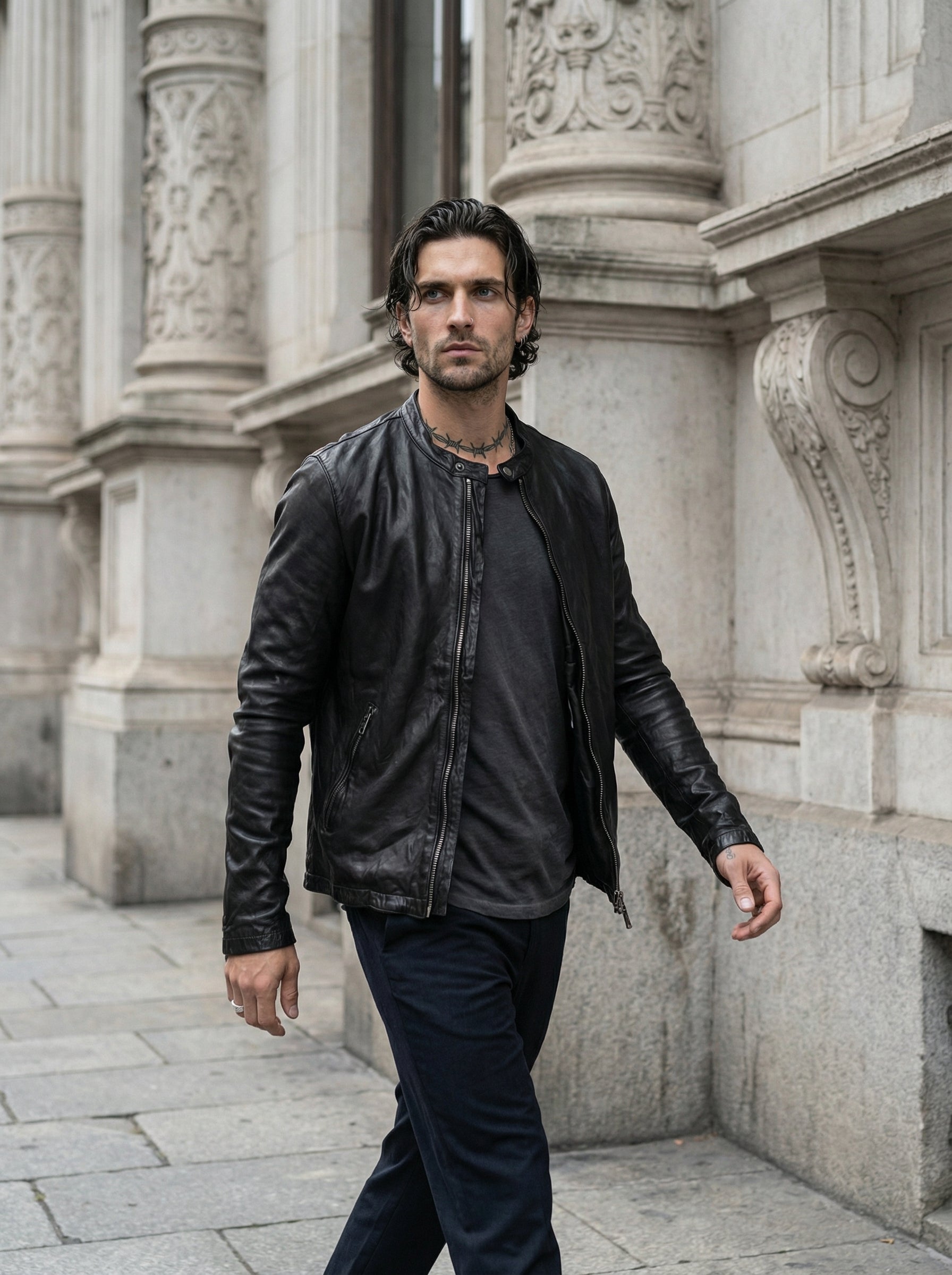 GIORGIO BRATO - Leather Biker Jacket - Full Body - Walking Motion