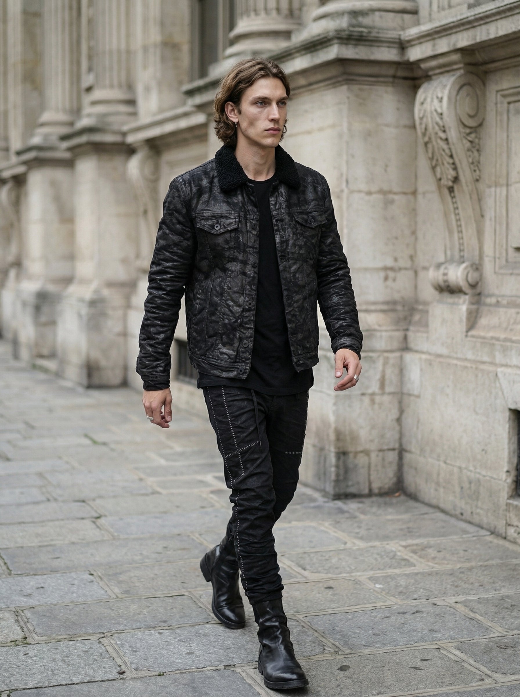 MD75 - Textured Denim Jacket with Shearling Collar - Full Body - Walking Motion