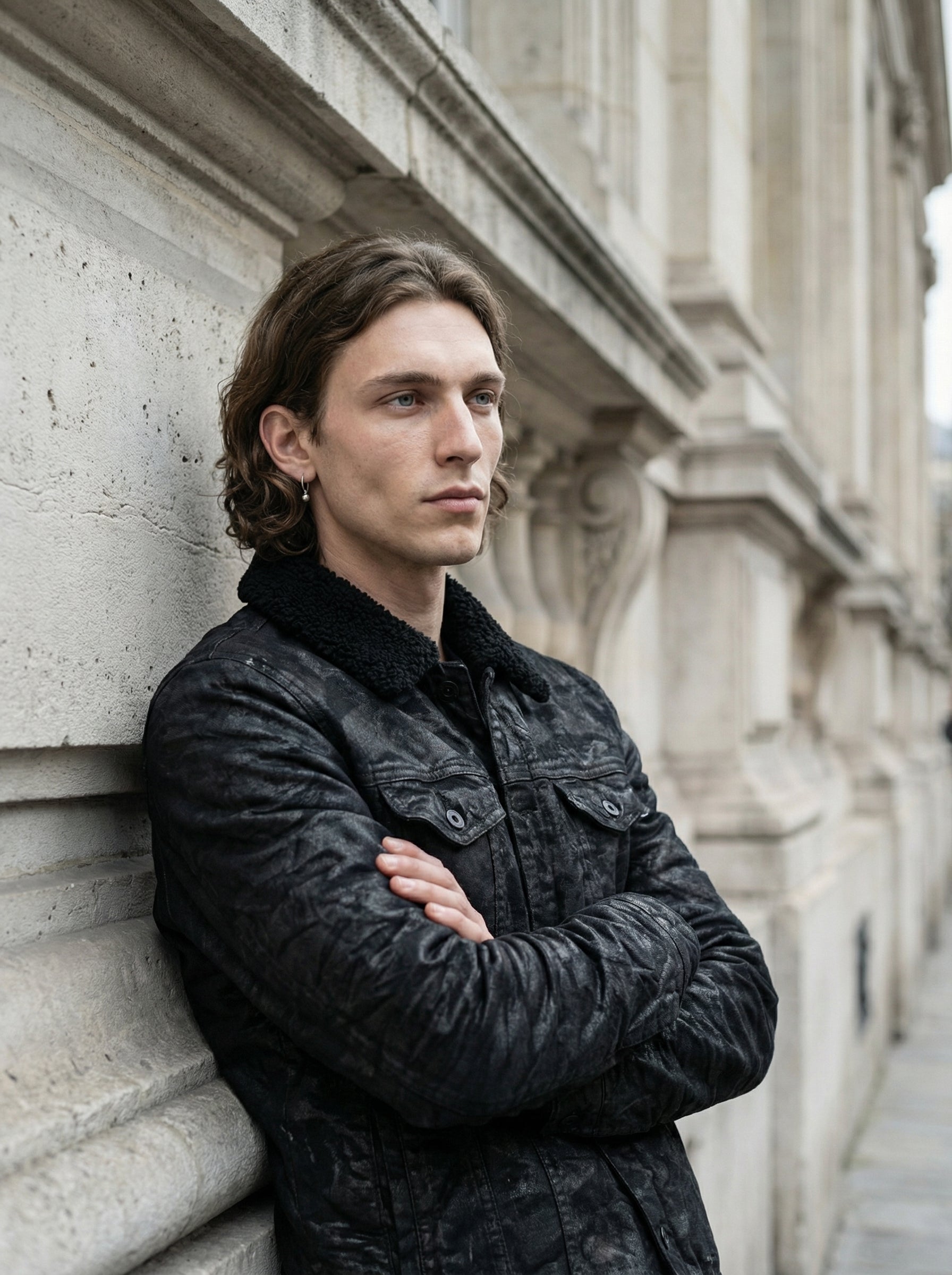 MD75 - Textured Denim Jacket with Shearling Collar - Three Quarter - Detail Focus