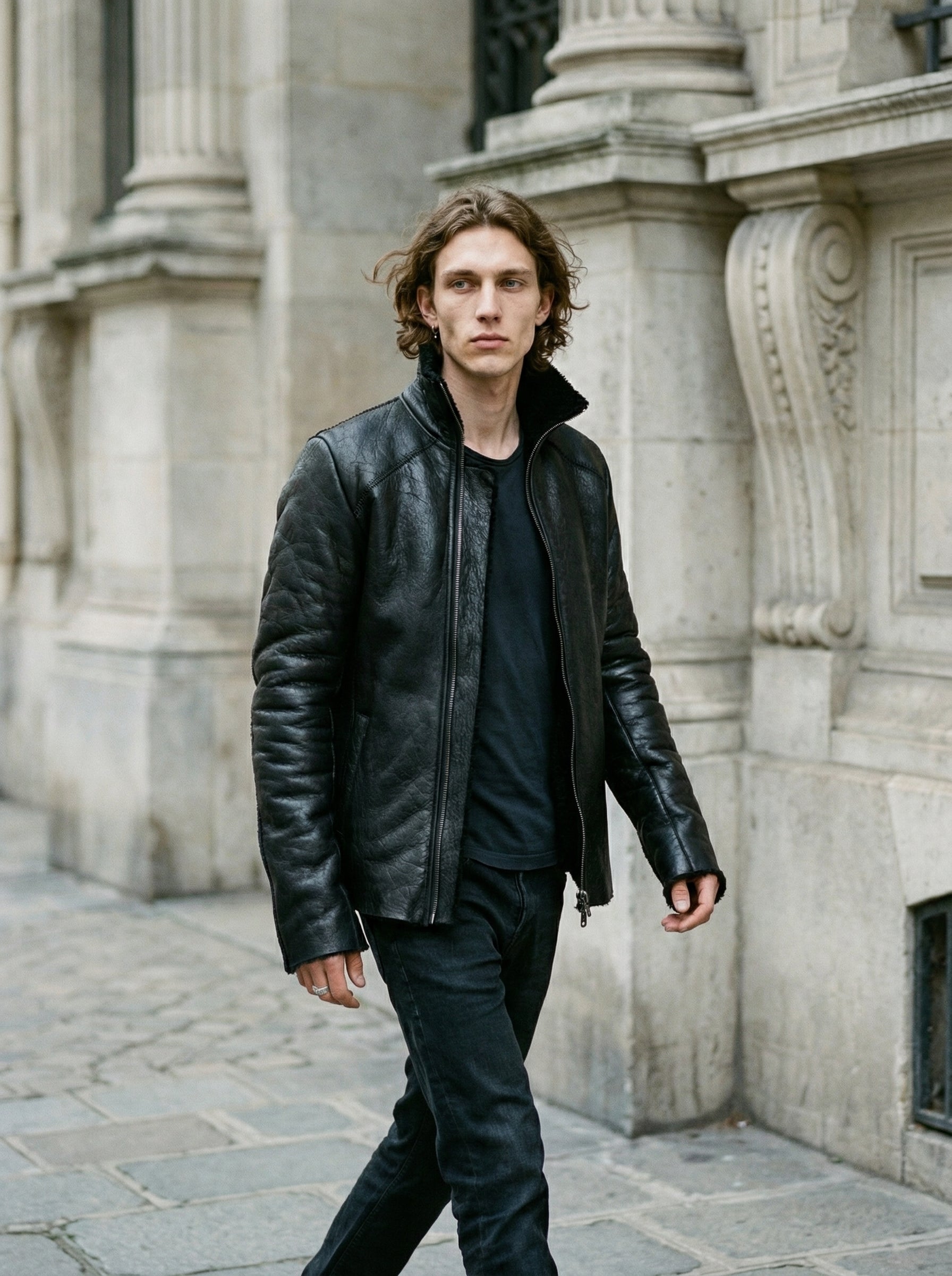 MD75 - Shearling and Wool Jacket - Full Body - Walking Motion