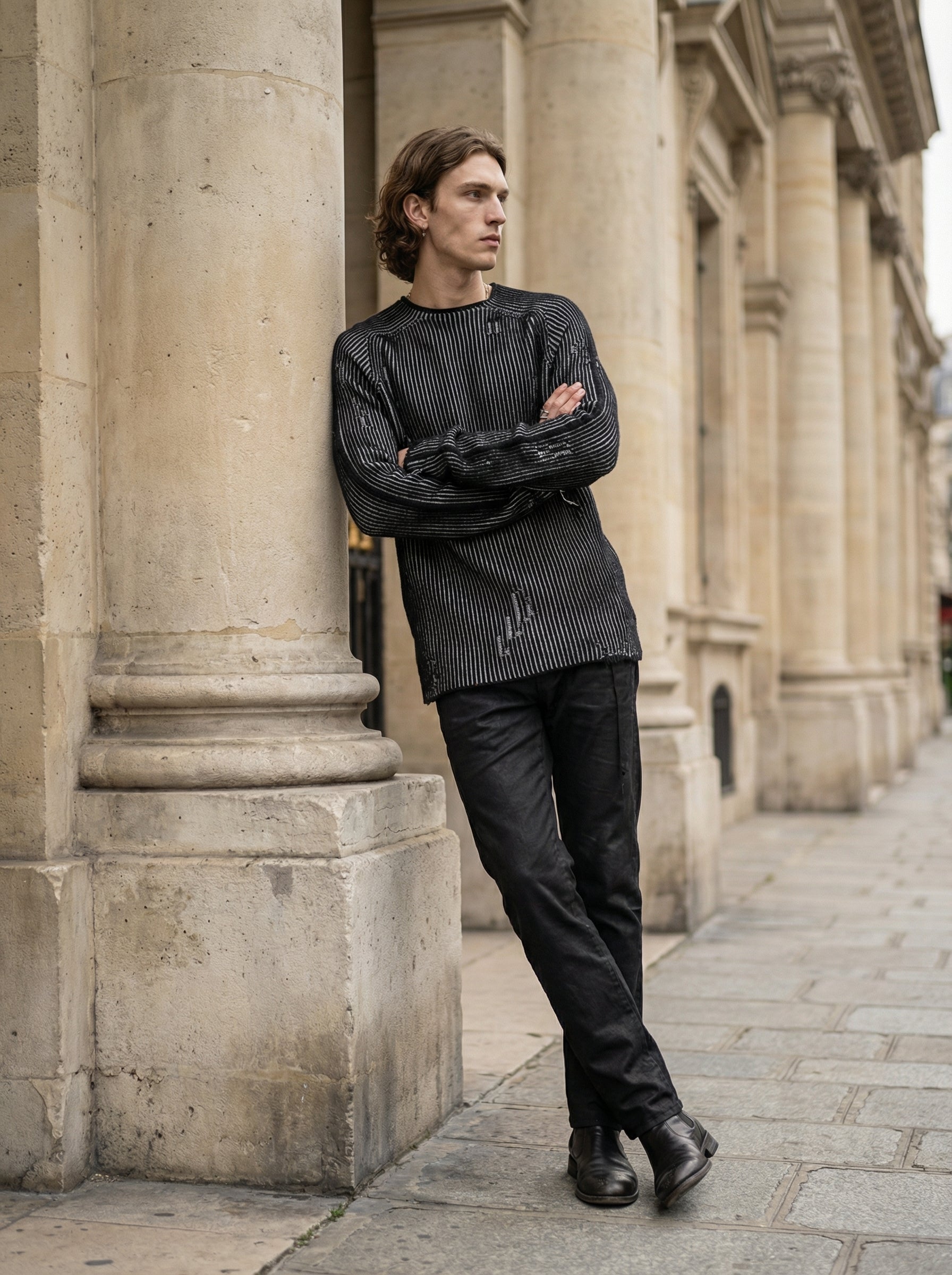 MD75 - Heavy Wool Two-Tone Textured Knit - Editorial - Leaning Pose