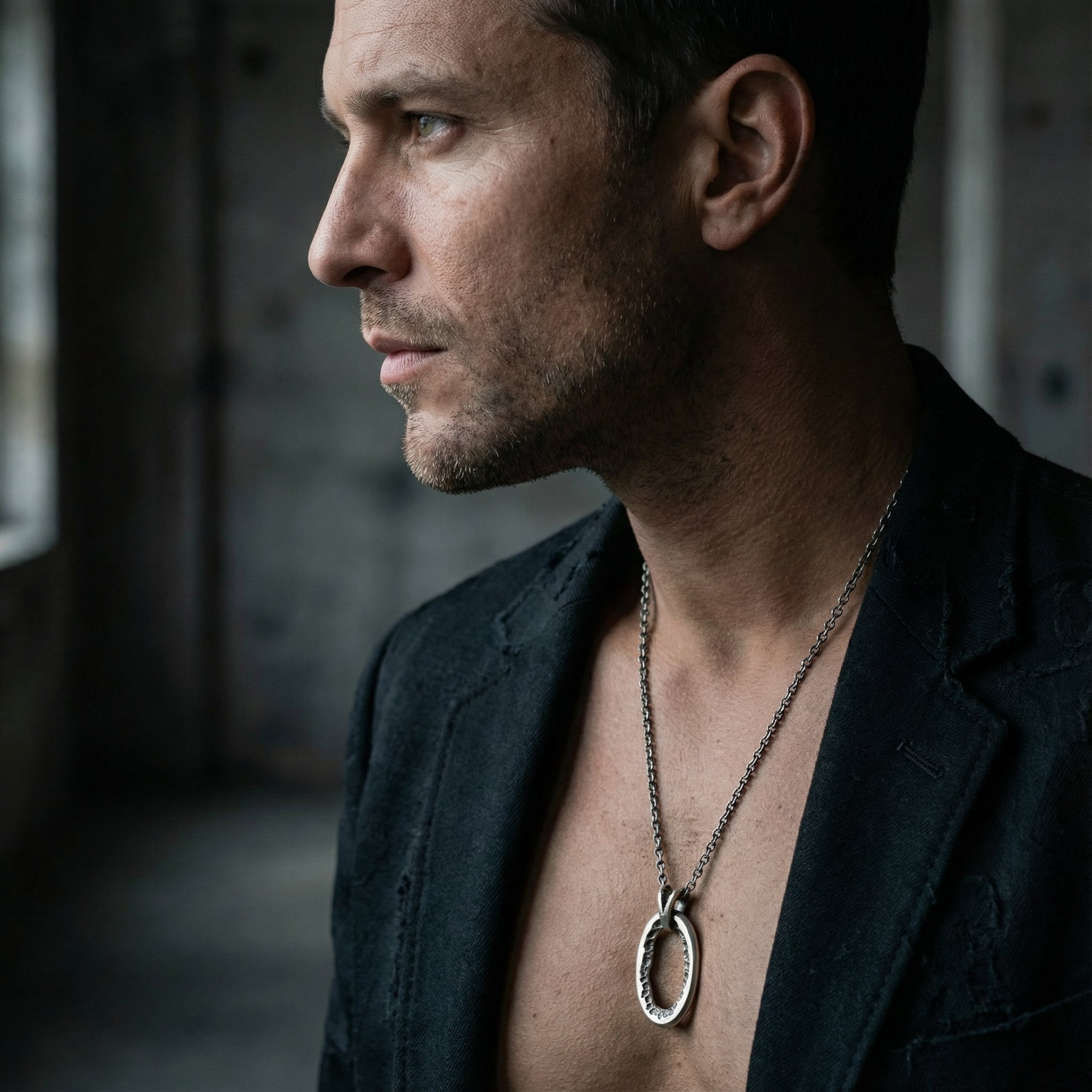 AITO - Pendant Necklace with Raw Oval Element - Male Profile View