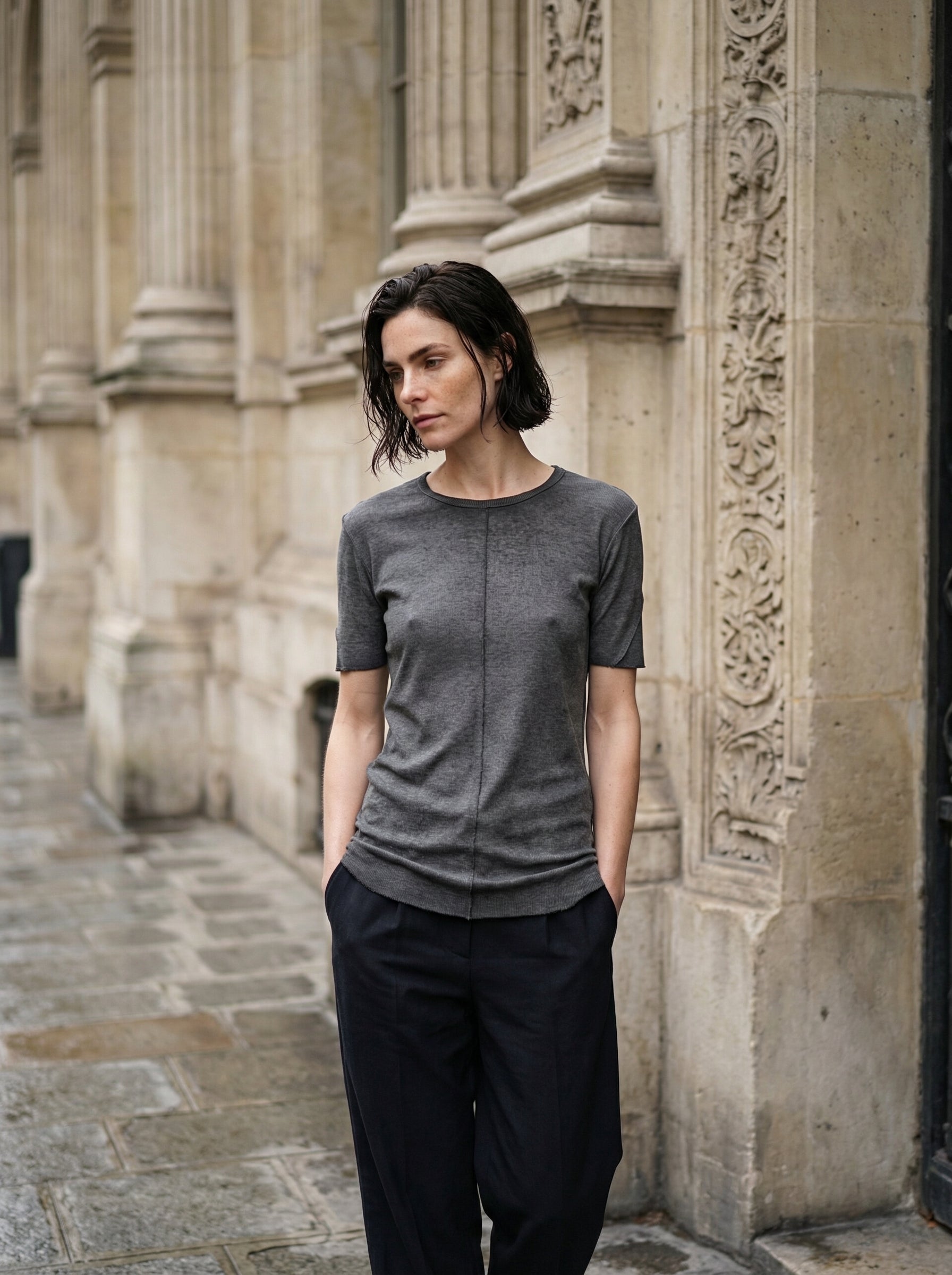 THOM KROM - Raw Edge Rib T-Shirt - Full Body - Standing Pose