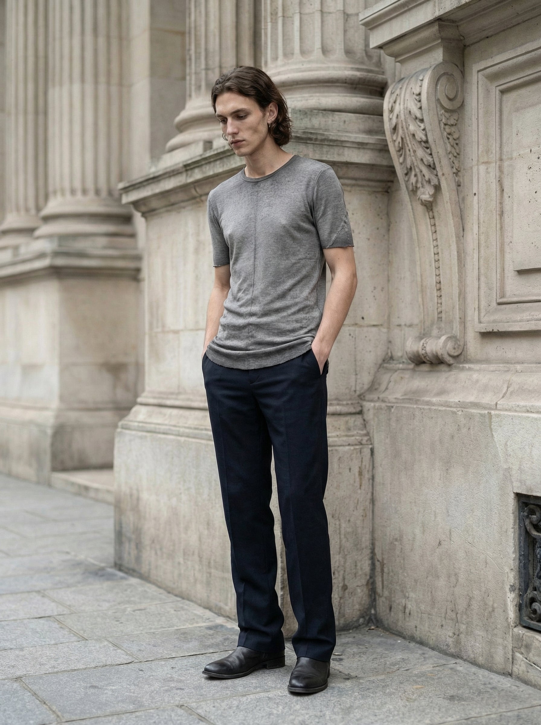 THOM KROM - Raw Edge Rib T-Shirt - Full Body - Standing Pose