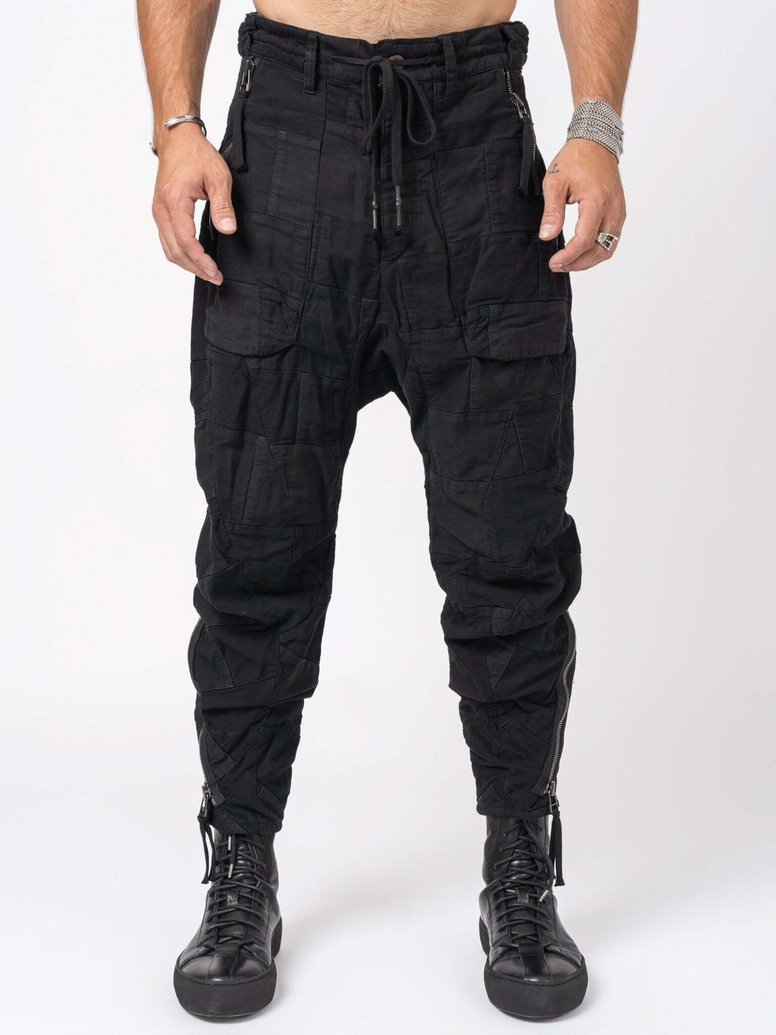 D.HYGEN Patchwork Zip Tapered Cropped Pants - Black