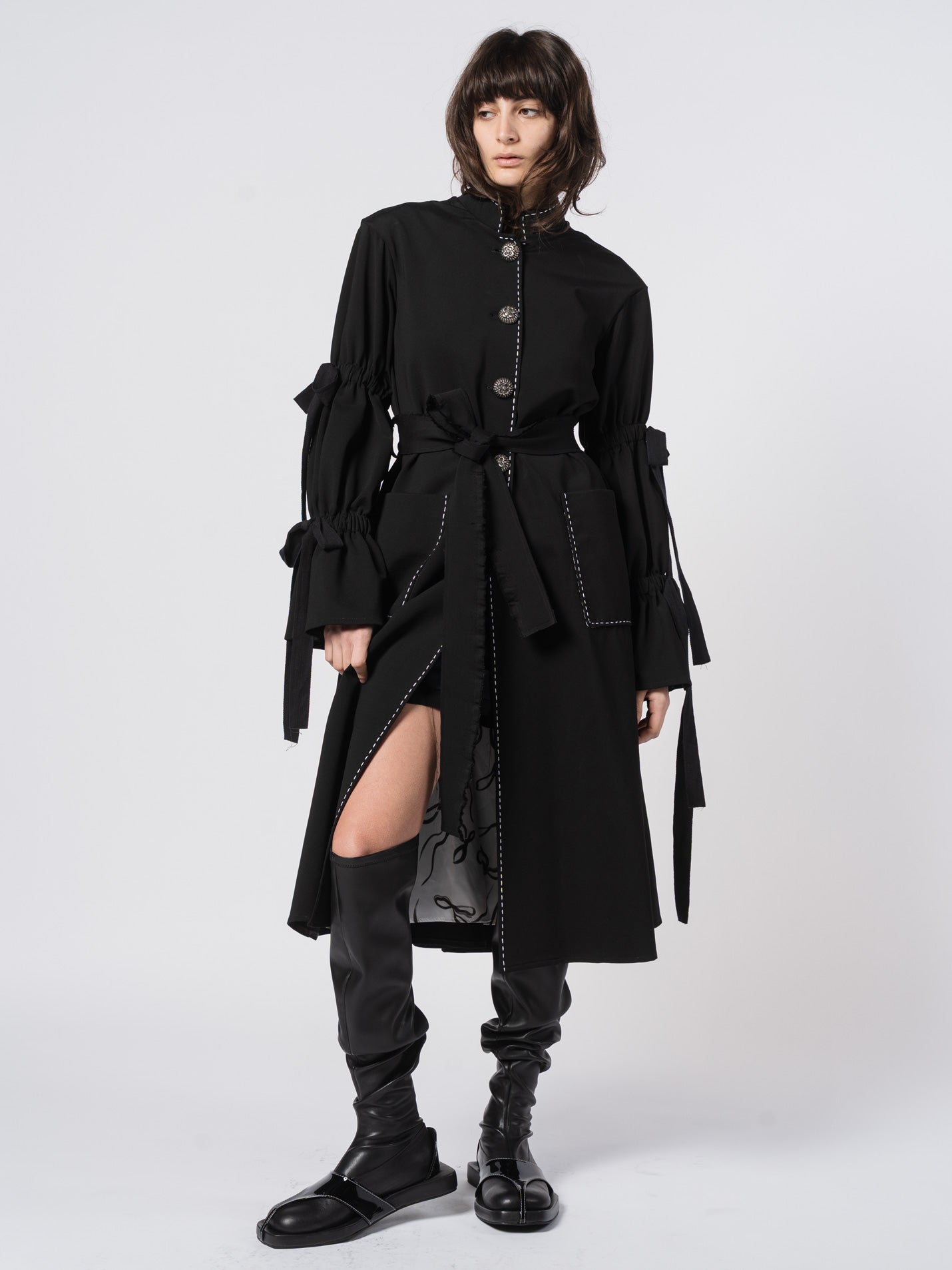 Belted Puff-Sleeve Tailored Coat