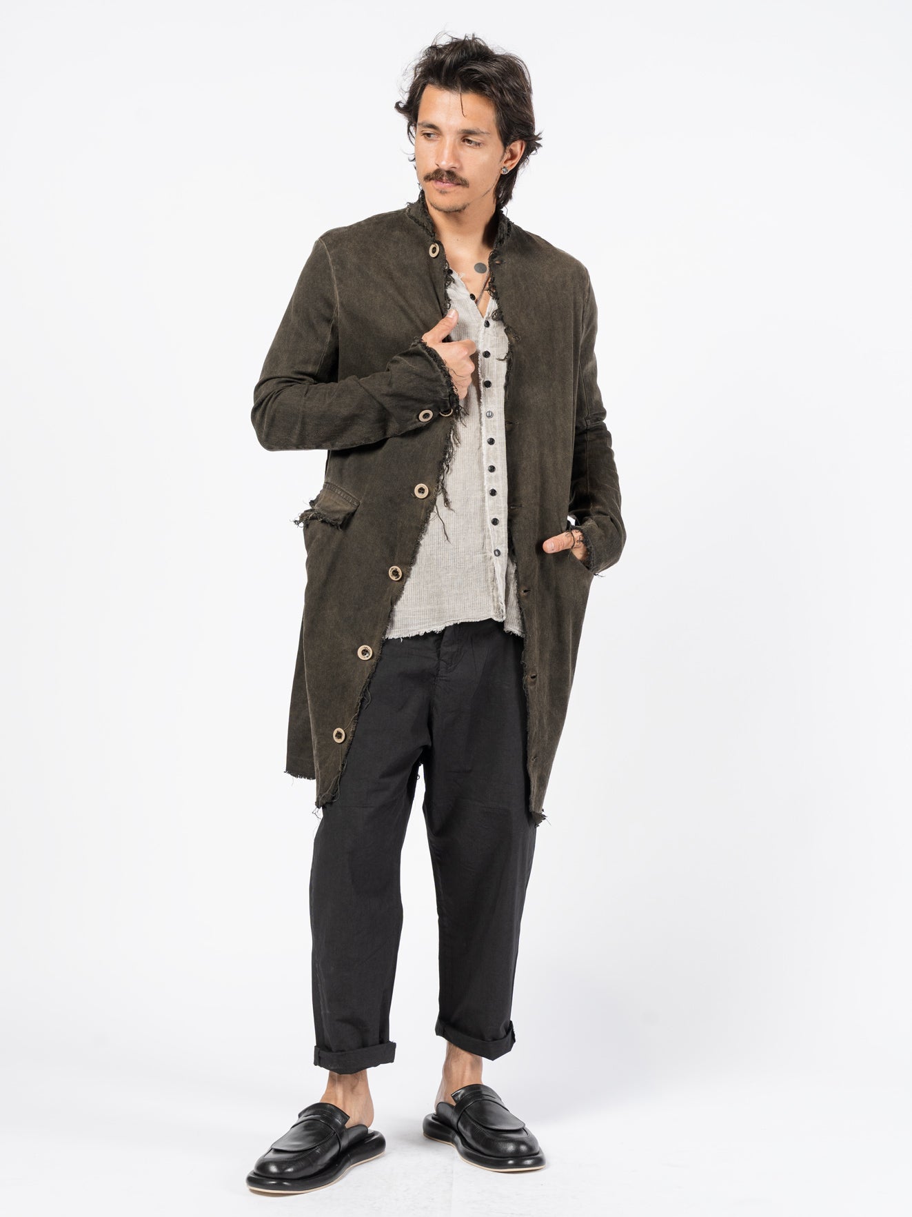 Washed Cotton Long Buttoned Coat - INN7