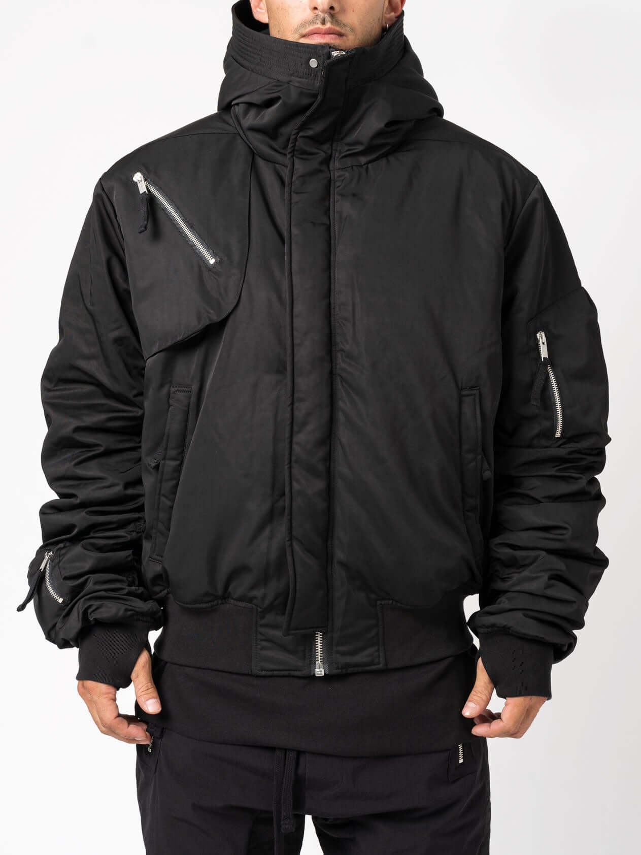 Hooded nylon bomber jacket