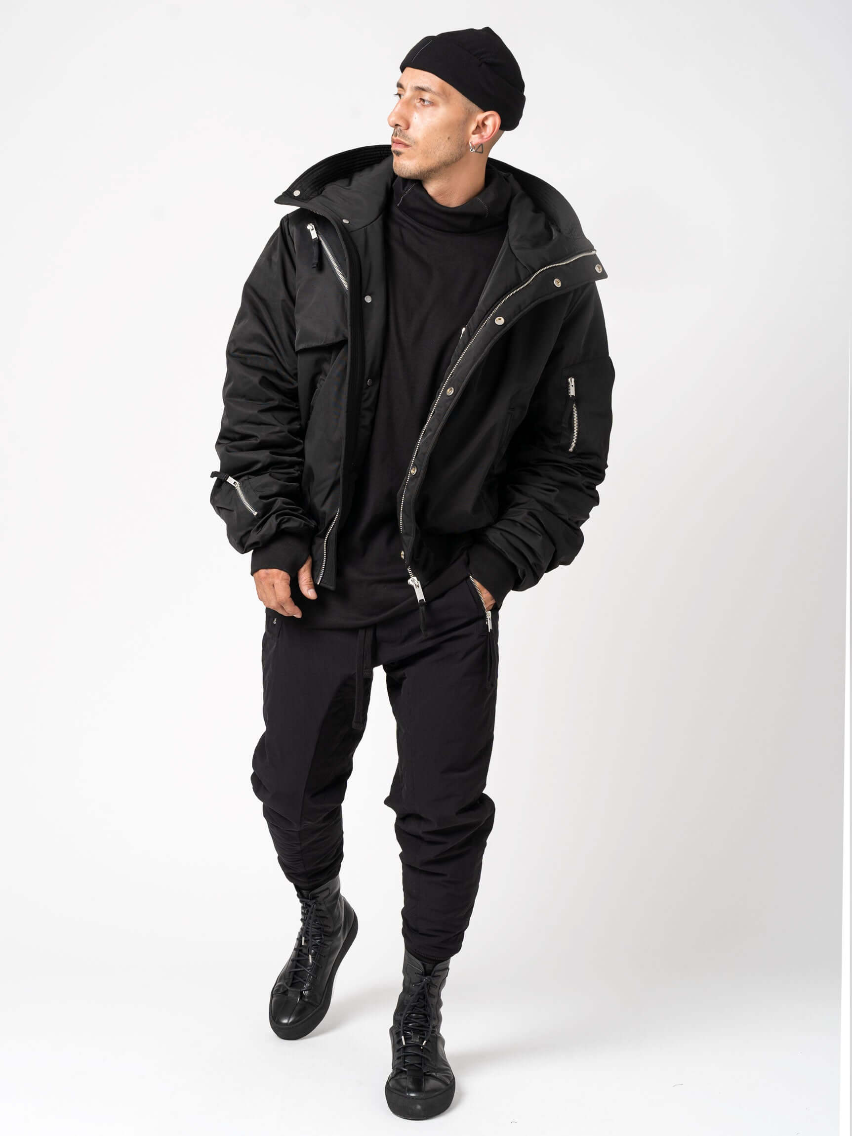 Hooded nylon bomber jacket