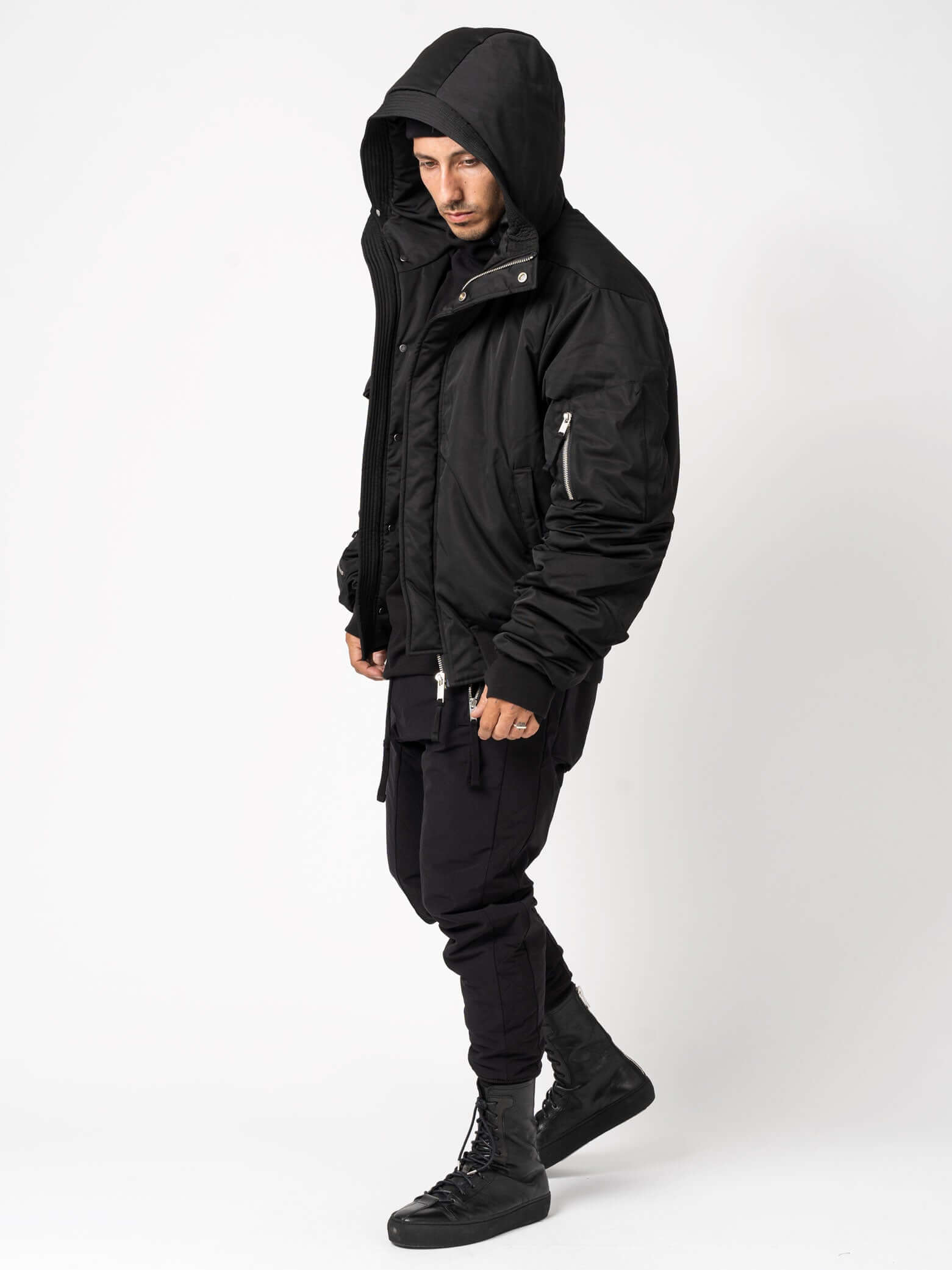 Hooded nylon bomber jacket