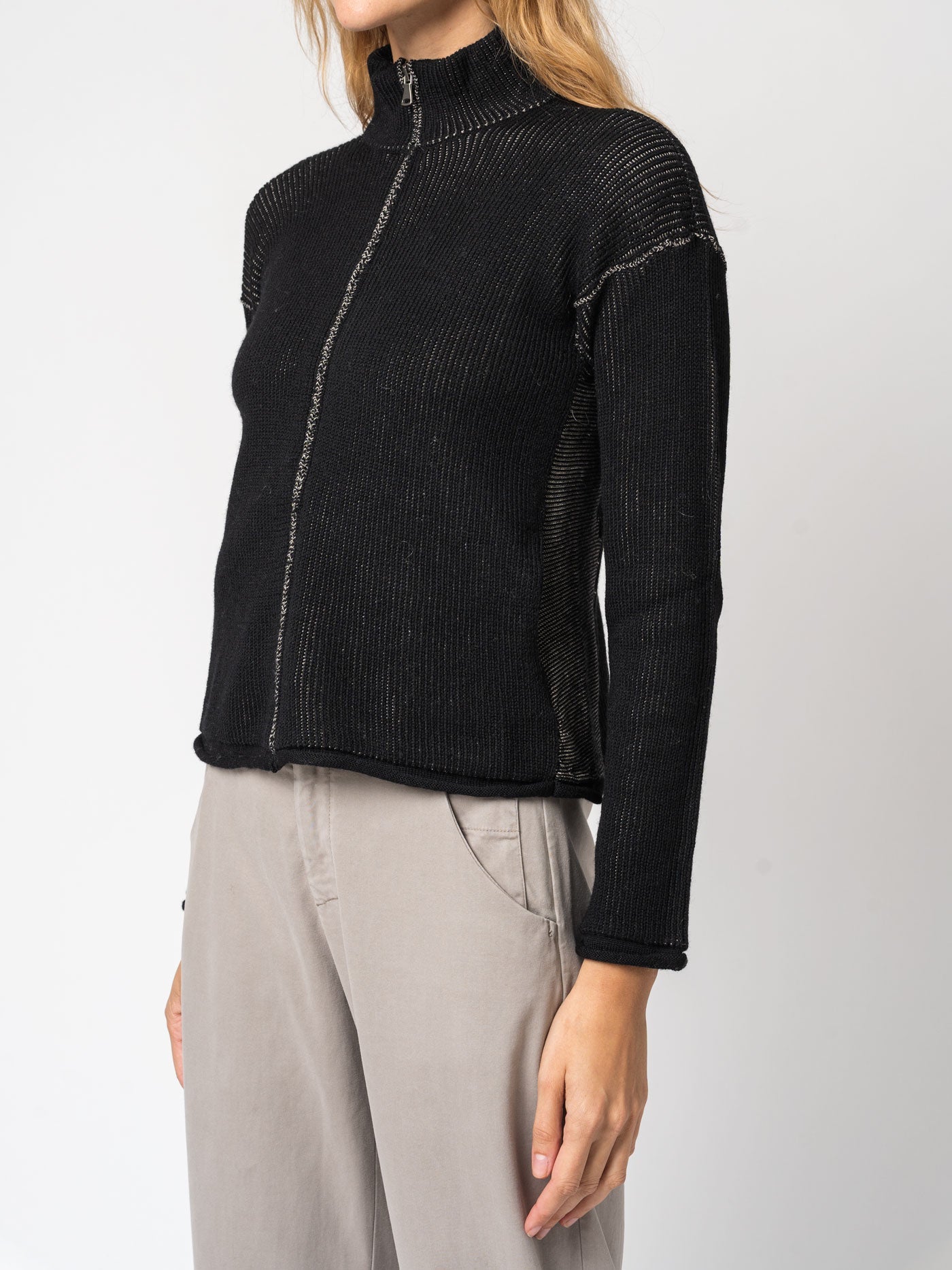 Zipped knitted jacket in two-tone ribbed