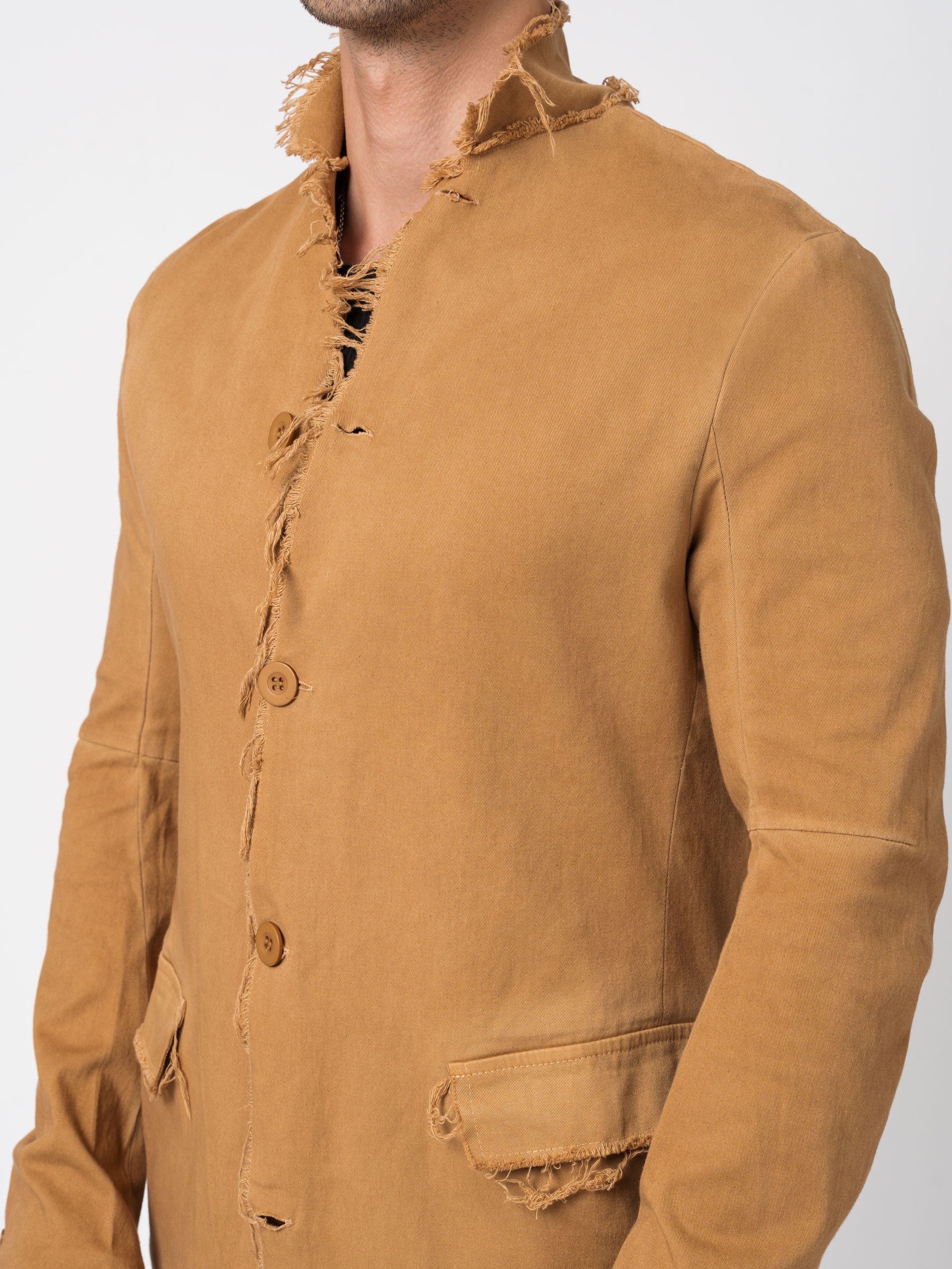 Long Frayed Edge Button-Up Jacket