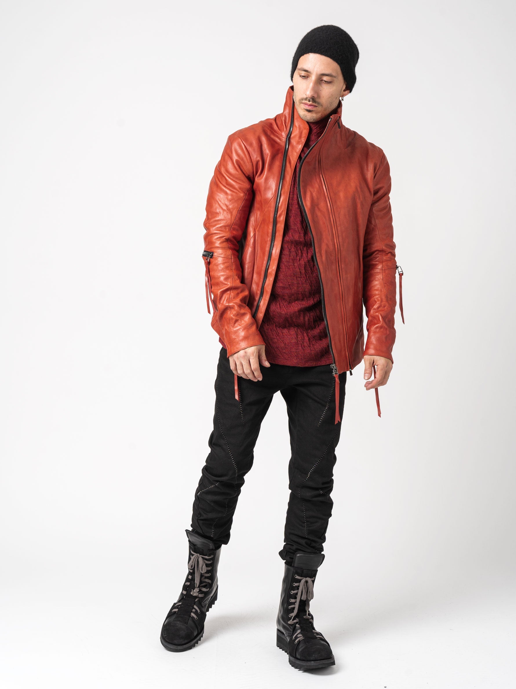 Leather Dual-Zip High-Neck Jacket