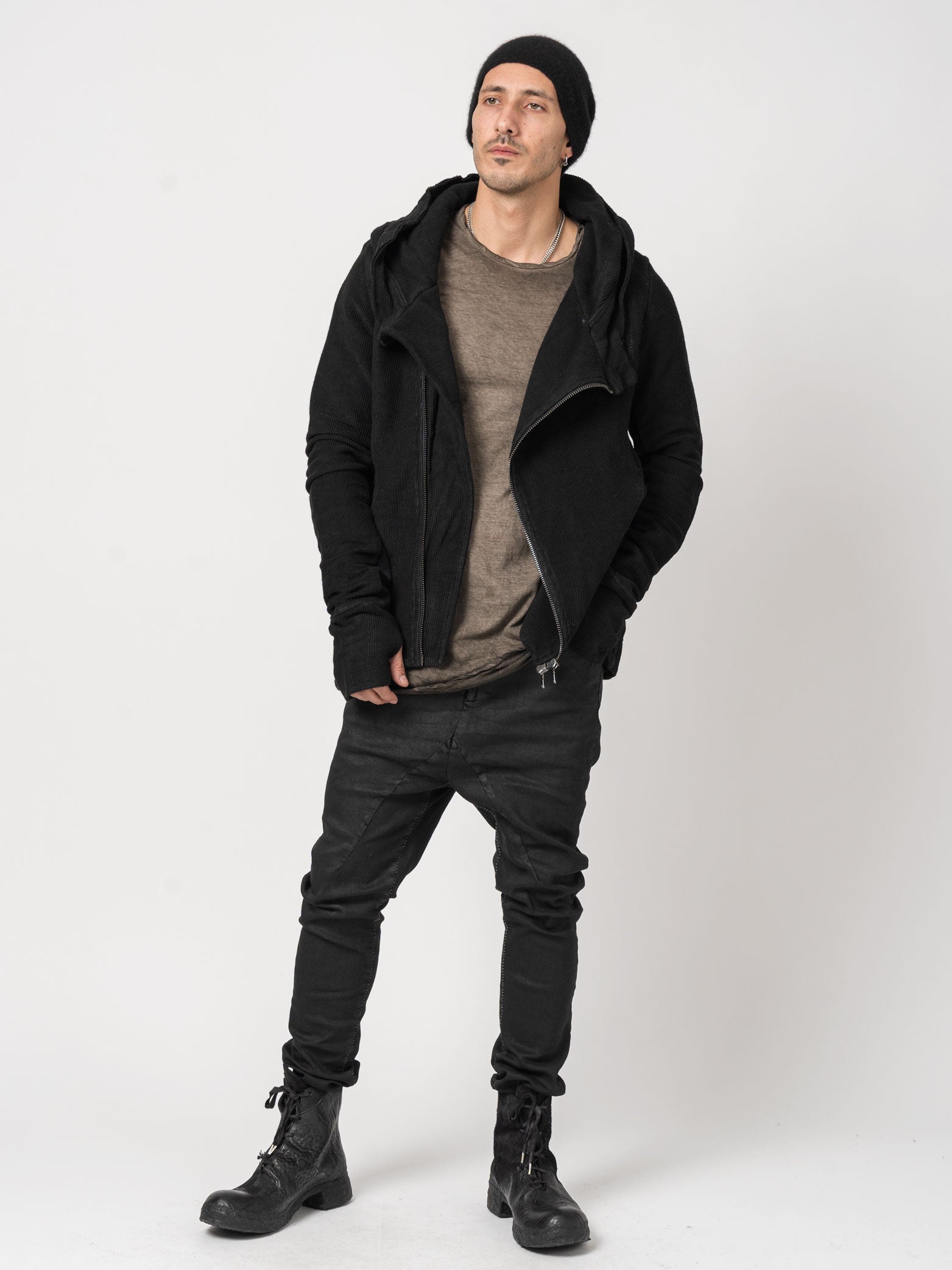 Cotton Zip-Up Hoodie with Leather Effect