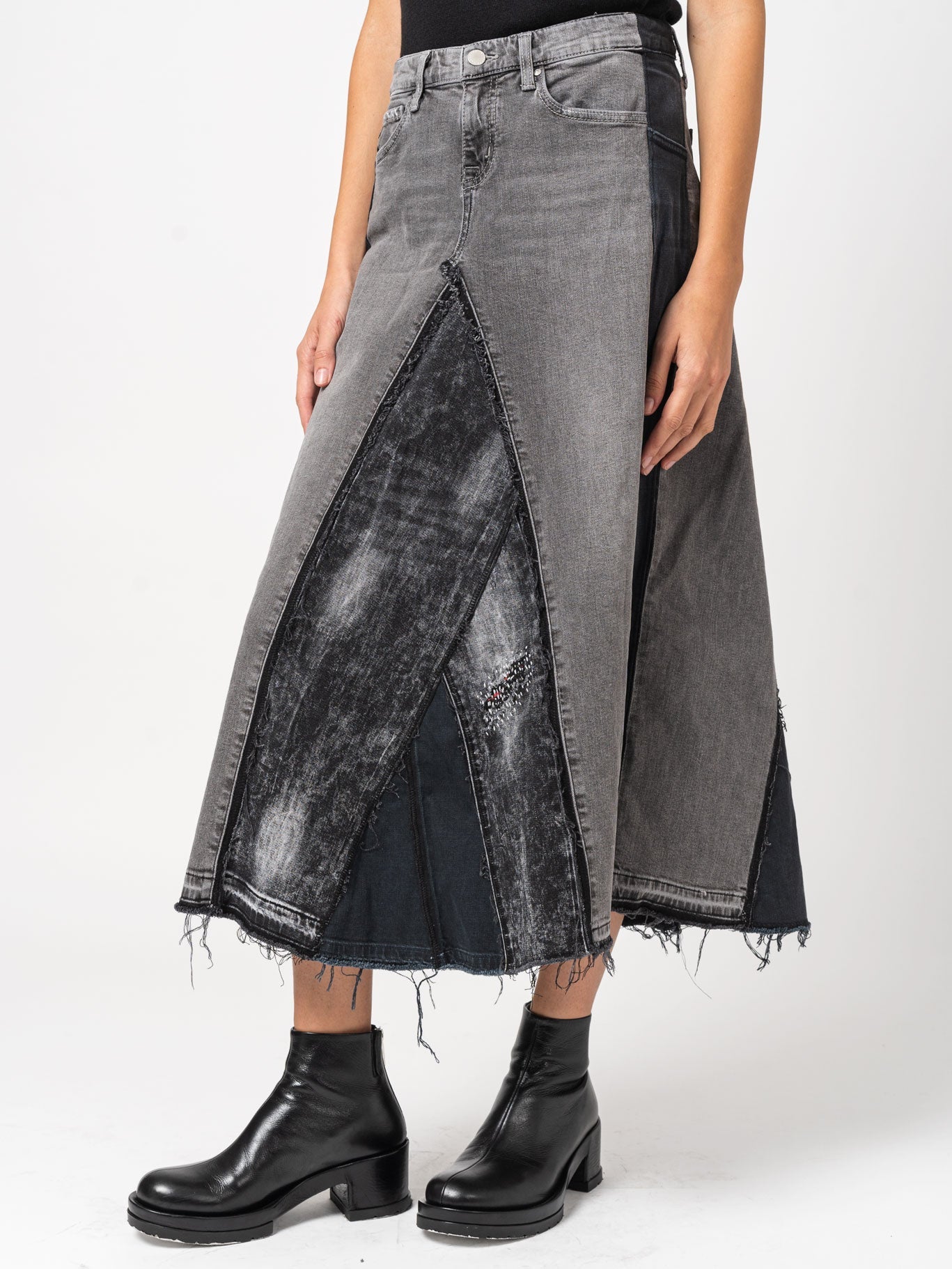 Asymmetrical Denim Patchwork Skirt