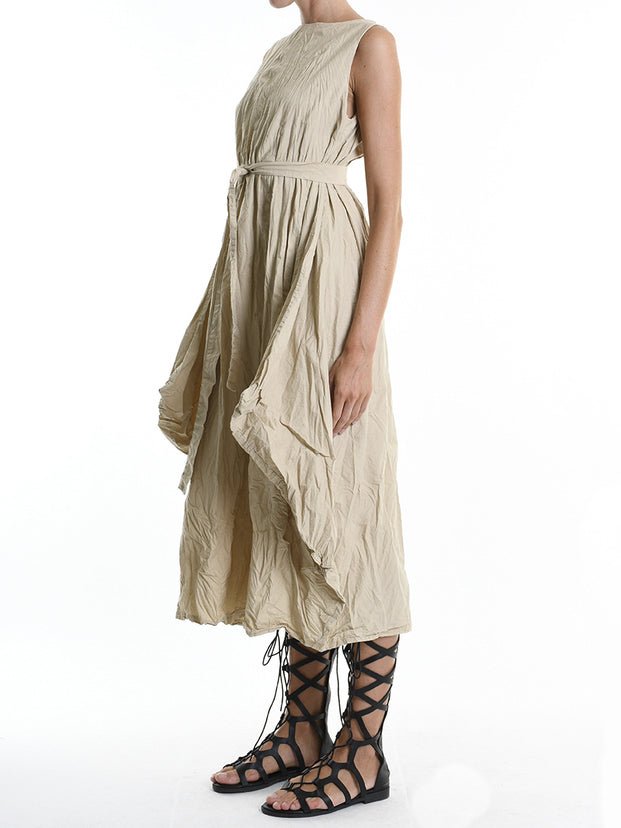 Crumpled Flared Dress with Waist Sash - by LA HAINE INSIDE US