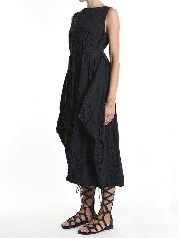 Crumpled Flared Dress with Waist Sash - by LA HAINE INSIDE US