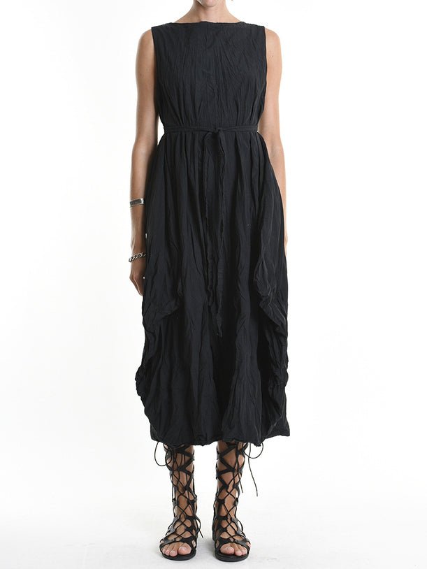 Crumpled Flared Dress with Waist Sash - by LA HAINE INSIDE US
