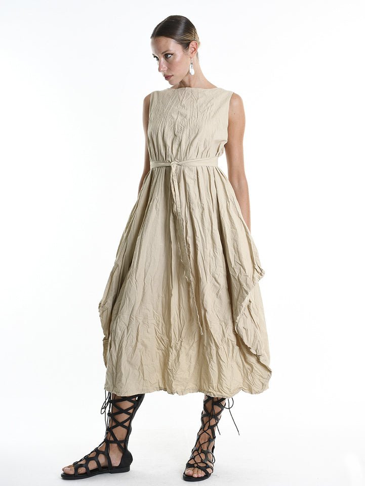 Crumpled Flared Dress with Waist Sash - by LA HAINE INSIDE US