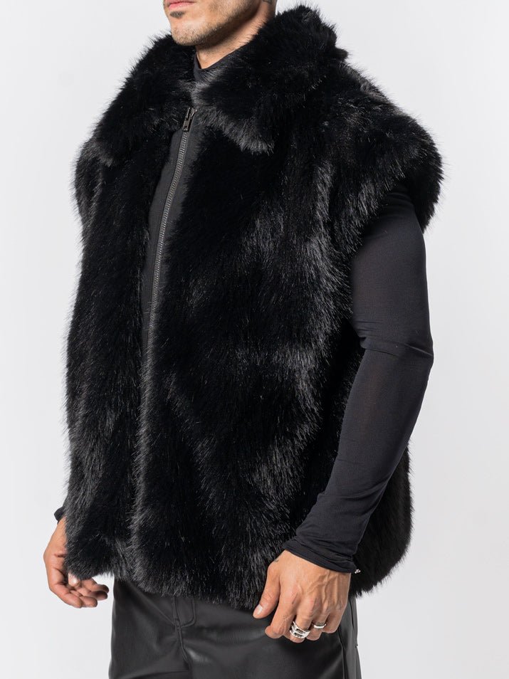 Nostra Santissima faux fur vest side view showing clean silhouette and hidden pocket