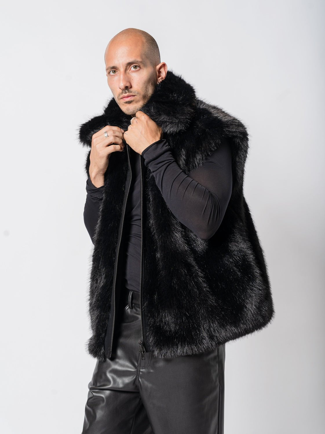 Nostra Santissima faux fur vest open over layered look, pile halo effect