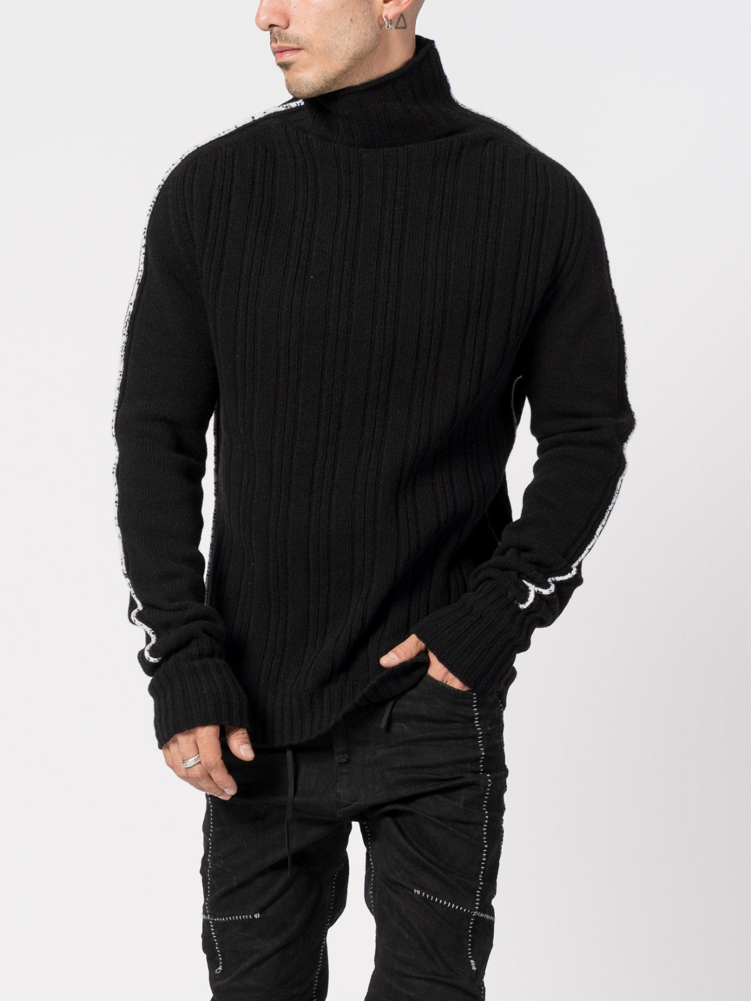 Heavy Ribbed Wool Knit with Contrast Side Detailing - by MD75