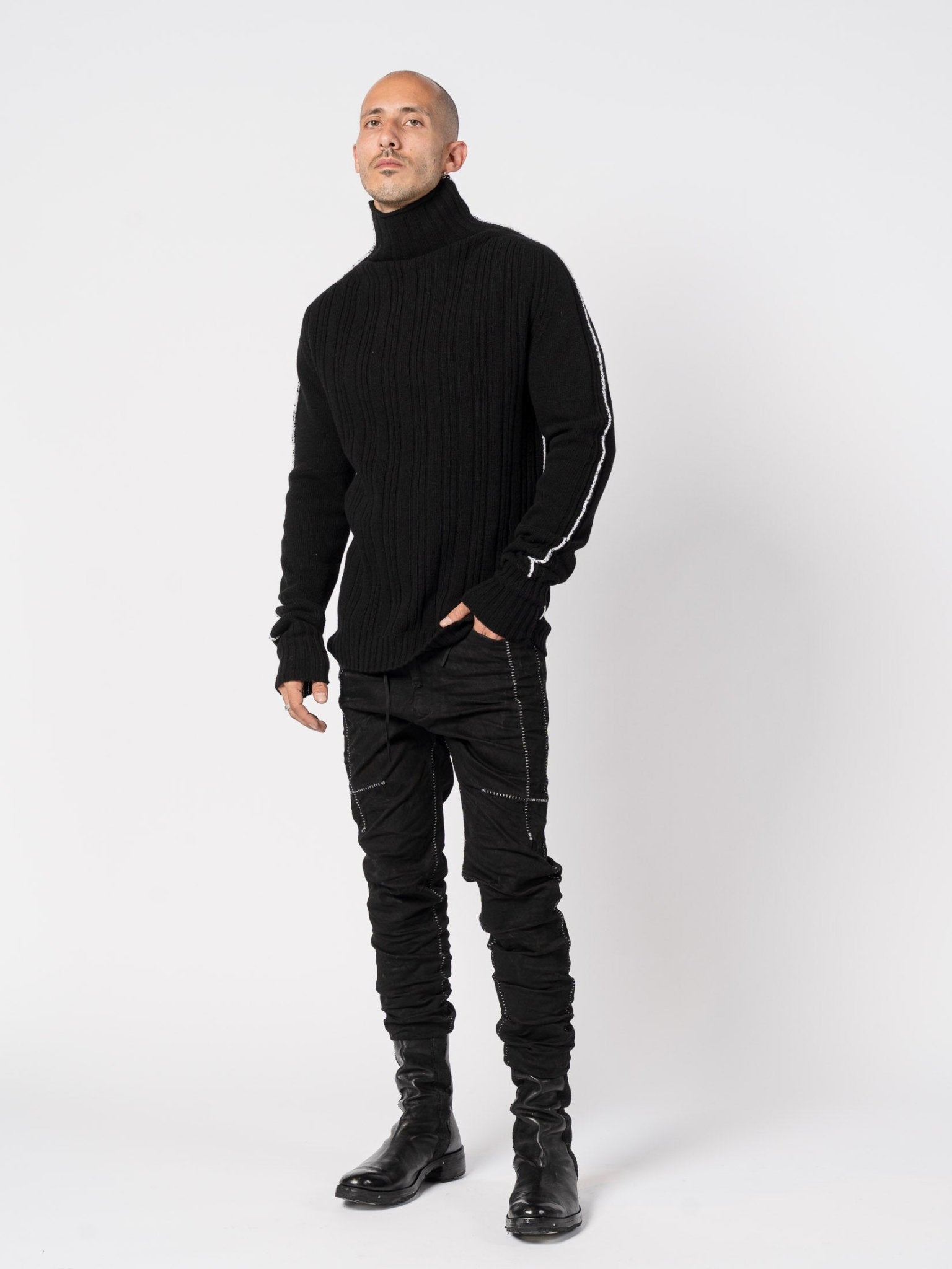 Heavy Ribbed Wool Knit with Contrast Side Detailing - by MD75