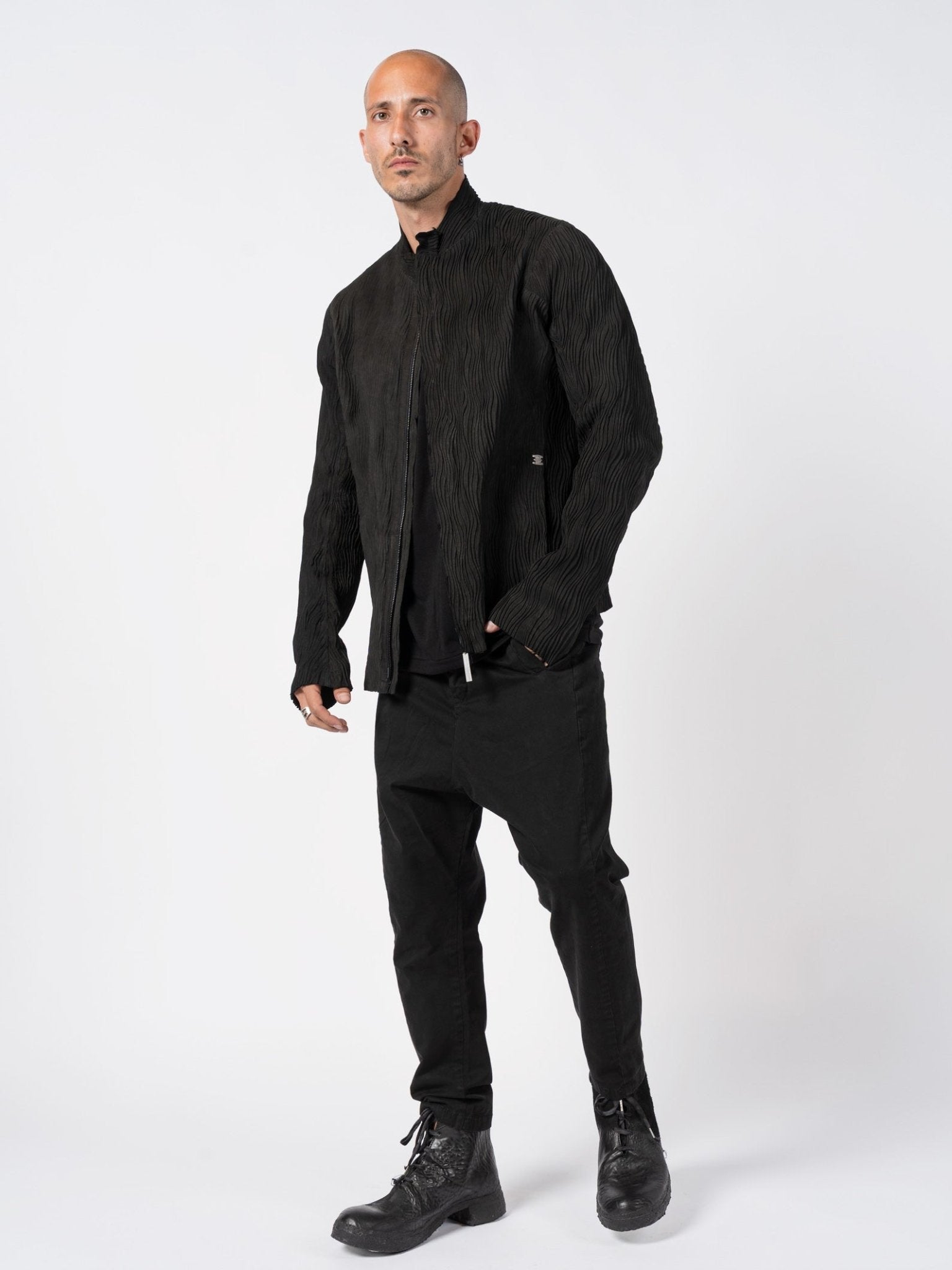 ISAAC SELLAM Wavy Pleated Leather Spine Jacket, full-body front styling view