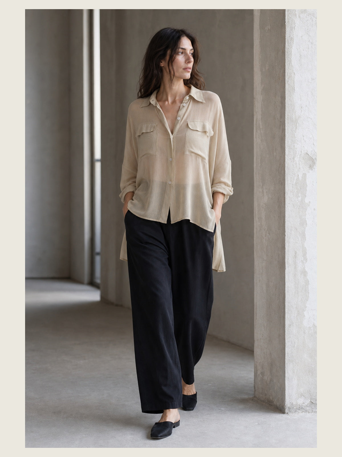 תמונת אווירה עריכתית של INN7 עבור Sheer Relaxed Button-Up Shirt — NOSTRA SANTISSIMA