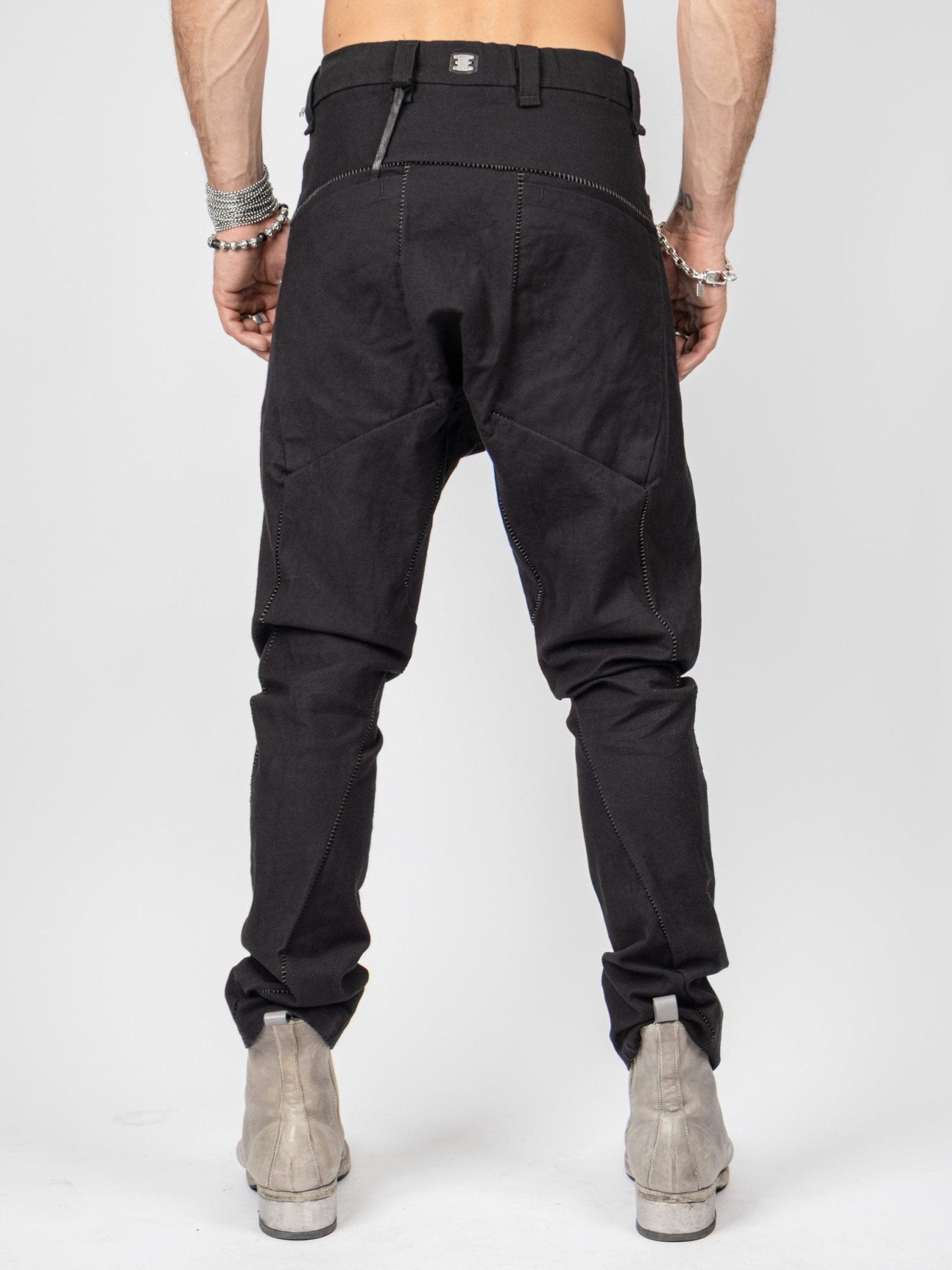 Isaac Sellam LC4 pants side view - garment-dyed armure cotton with drop-crotch silhouette