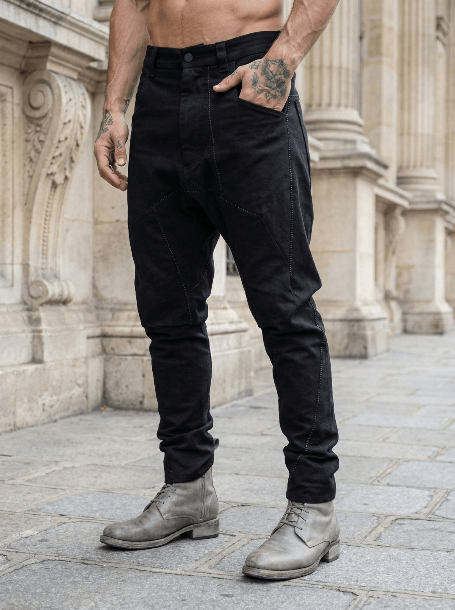 Isaac Sellam LC4 pants worn detail - back pocket with steel staple and armure texture
