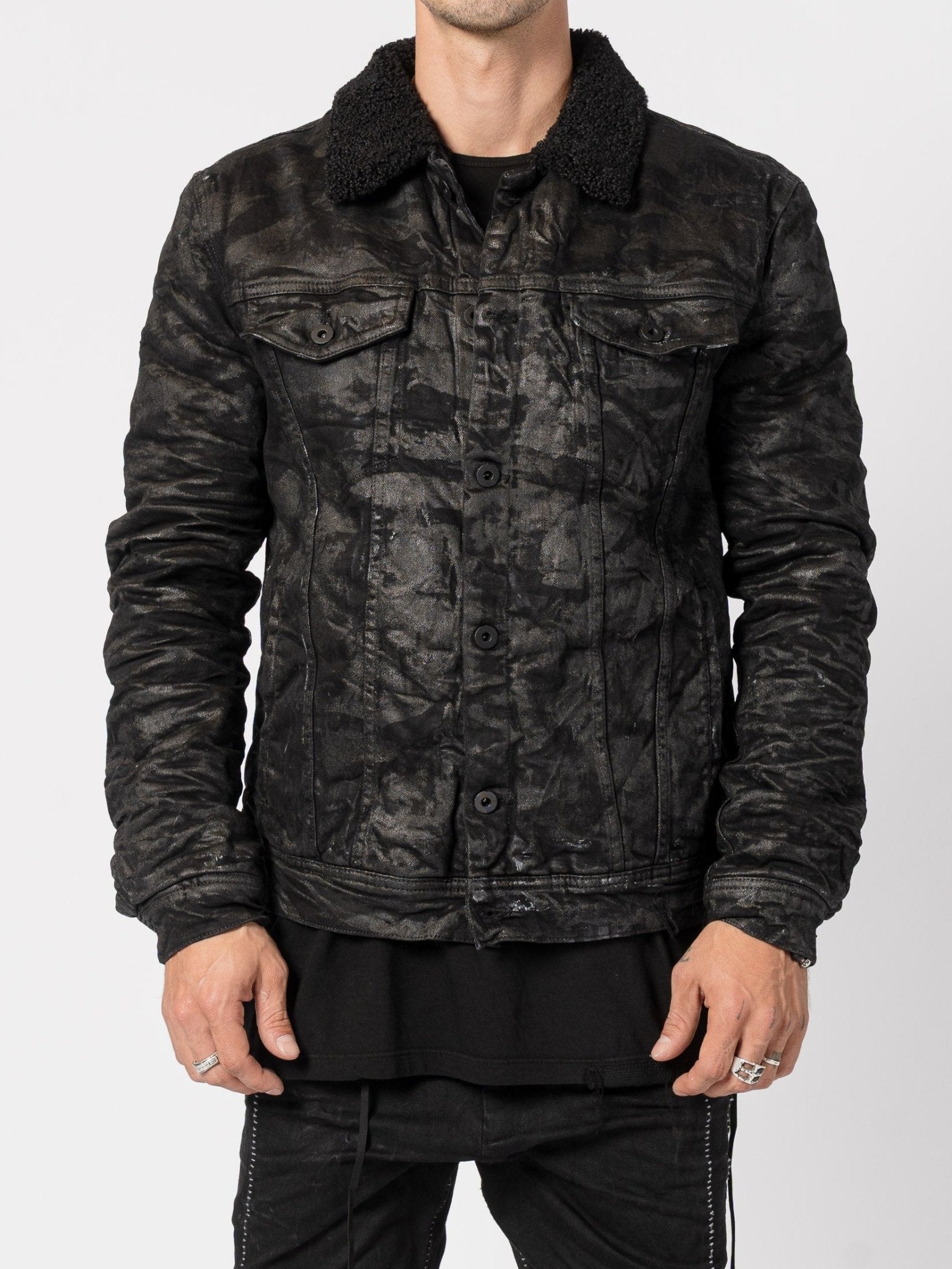 Textured Denim Jacket with Shearling Collar - by MD75